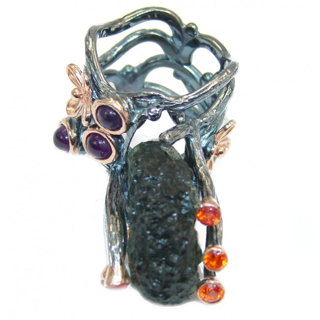 Big! Stunning Green Moldavite, Rose Gold Plated, Rhodium Plated Sterling Silver Ring s. 7 1/2