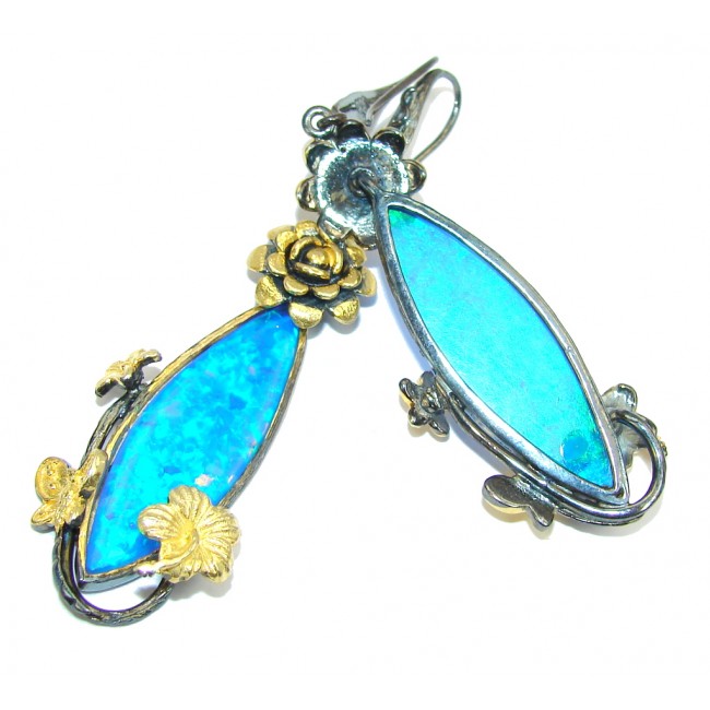 Floral Design Blue Fire Opal, Gold Plated, Rhodium Plated Sterling Silver earrings / Long