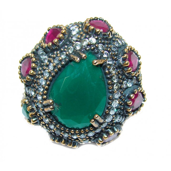 Victorian Style! Large Emerald Quartz & White Topaz Sterling Silver Ring s. 7 1/4