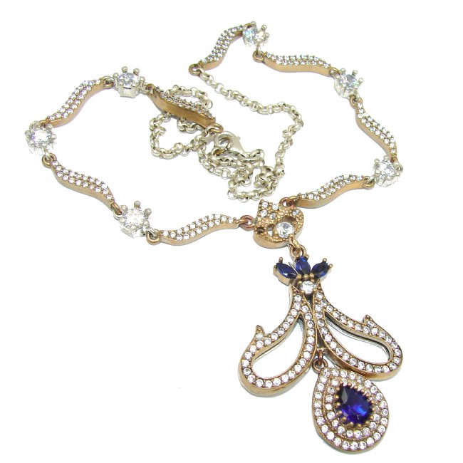 Victorian Style! Created Blue Sapphire & White Topaz Sterling Silver necklace