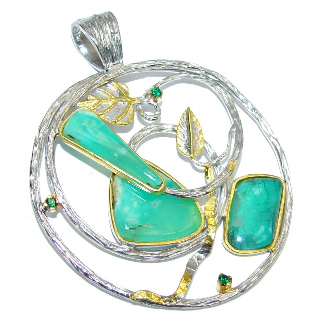 Beautiful AAA Green Chrysophrase, Two Tones Sterling Silver Pendant