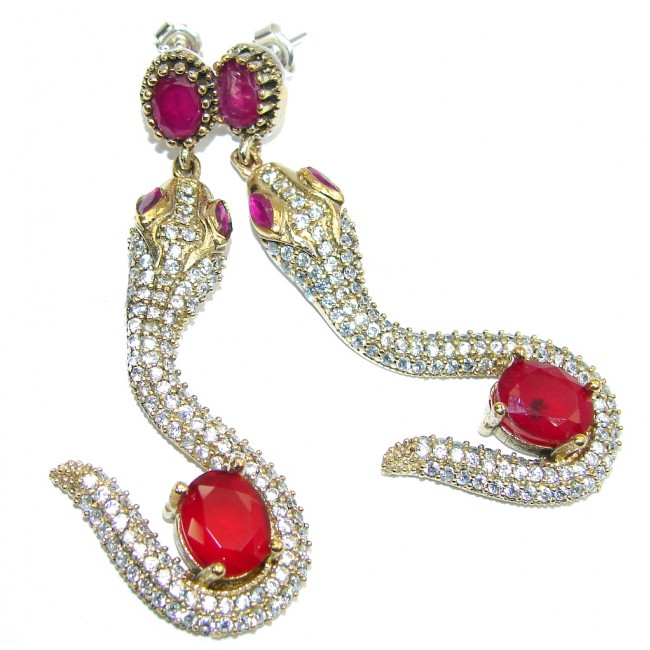 Victorian Style! Snakes Ruby & White Topaz Sterling Silver earrings