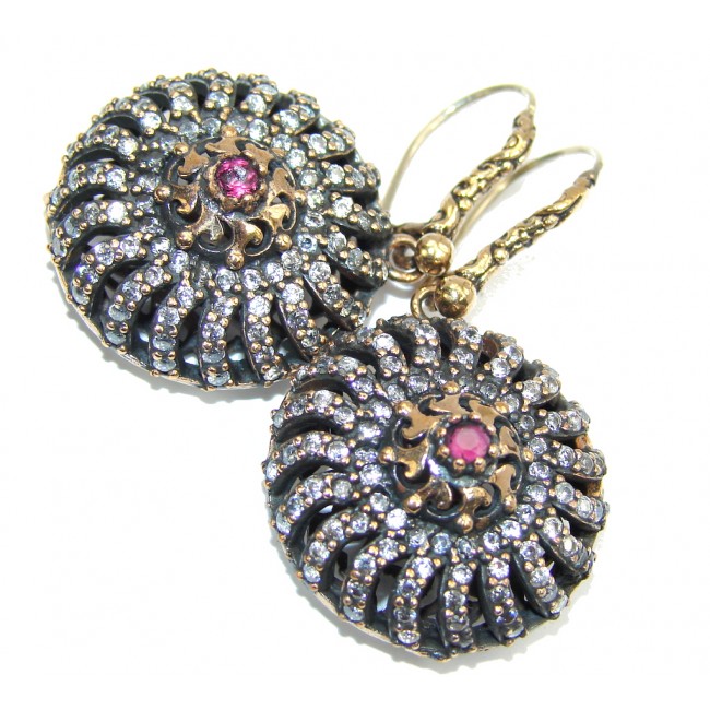 Victorian Style! Pink Ruby & White Topaz Sterling Silver earrings