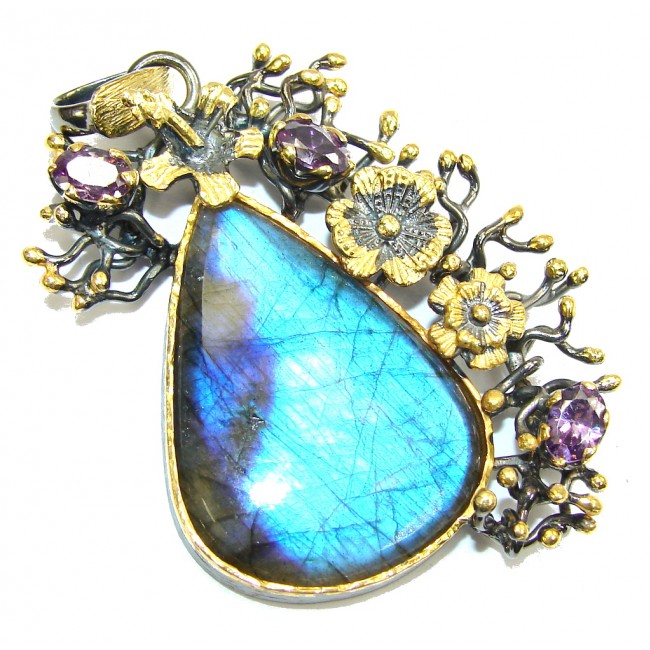 Big! Stunning AAA Blue Fire Labradorite, Gold Plated Sterling Silver Pendant