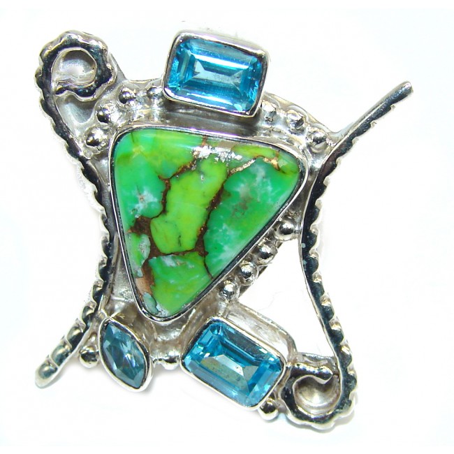 Big! Abstract Design Copper Turquoise Sterling Silver Ring s. 9