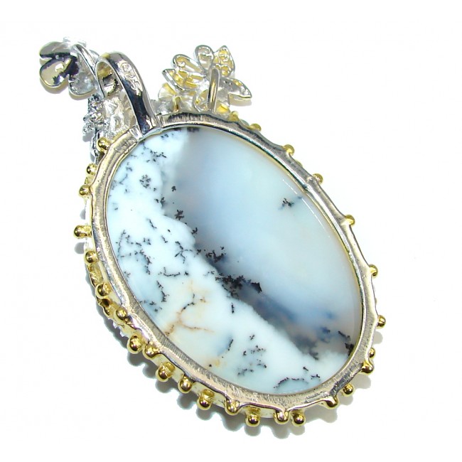 Big! Fashion Dragon AAA Dendritic Agate, Two Tones Sterling Silver Pendant