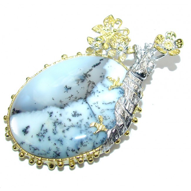 Big! Fashion Dragon AAA Dendritic Agate, Two Tones Sterling Silver Pendant