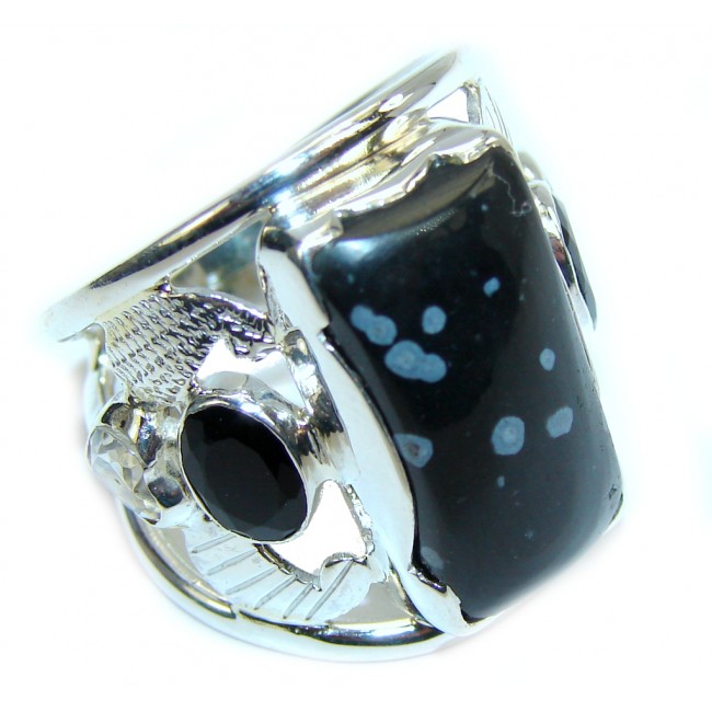 Excellent Black Snowflake Obsidian Sterling Silver ring s. 7 1/4