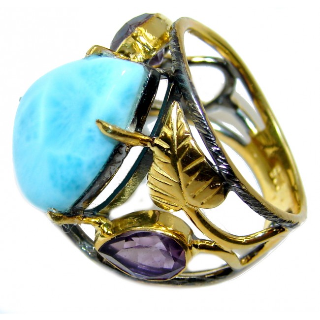 AAA Blue Larimar Gold Rhodium Plated Sterling Silver Ring s. 8 1/4