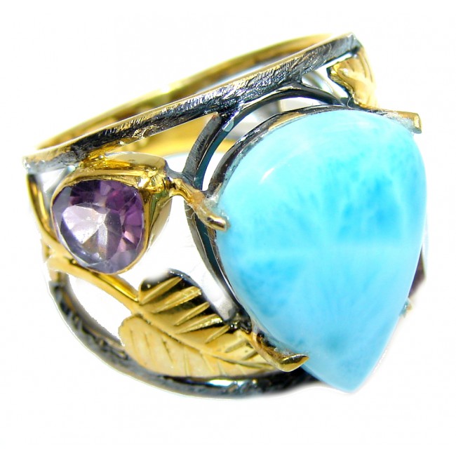 AAA Blue Larimar Gold Rhodium Plated Sterling Silver Ring s. 8 1/4