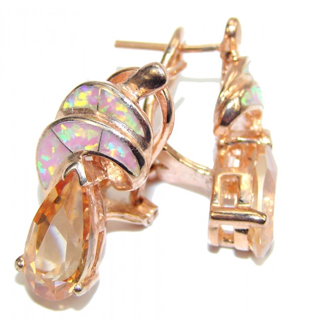 Sublime Golden Cubic Zirconia Fire Opal, Rose Gold Plated Sterling Silver earrings