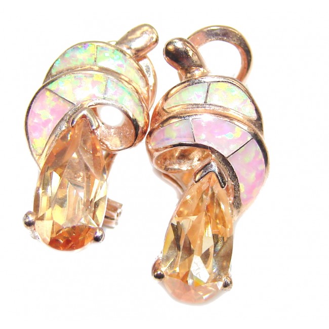 Sublime Golden Cubic Zirconia Fire Opal, Rose Gold Plated Sterling Silver earrings