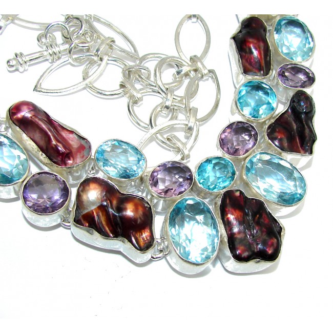 Summer Beauty Mother Of Pearl & Swiss Blue Topaz & Amethyst Sterling Silver necklace