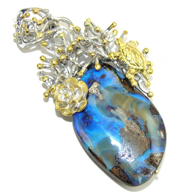 Natural Beauty AAA Australian Boulder Opal, Two Tones Sterling Silver Pendant