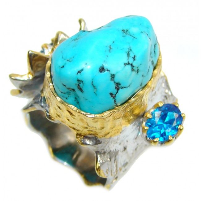 Big! Classic Beauty Blue Turquoise, Two Tones Sterling Silver Ring s. 6