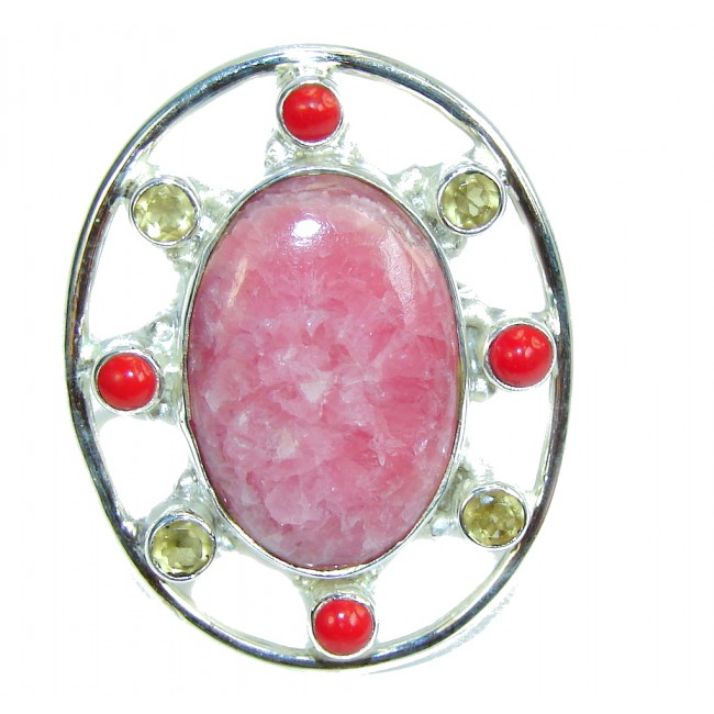 Large! Amazing Pink Rhodochrosite & Citrine & Coral Sterling Silver Ring s. 9