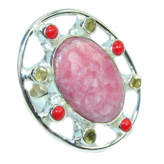 Large! Amazing Pink Rhodochrosite & Citrine & Coral Sterling Silver Ring s. 9