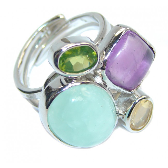 Amazing Light Green Apatite & Amethyst Sterling Silver ring s. 8- adjustable