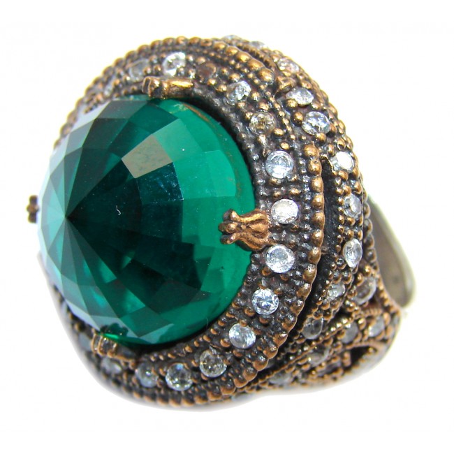 Victorian Style! Created Emerald & White Topaz Sterling Silver Ring s. 7 1/4