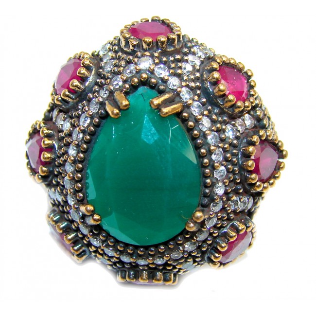 Big! Victorian Style! Green Emerald & Ruby & White Topaz Sterling Silver Ring s. 7