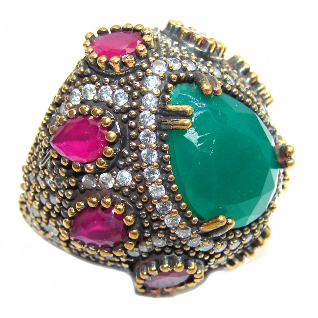 Big! Victorian Style! Green Emerald & Ruby & White Topaz Sterling Silver Ring s. 7