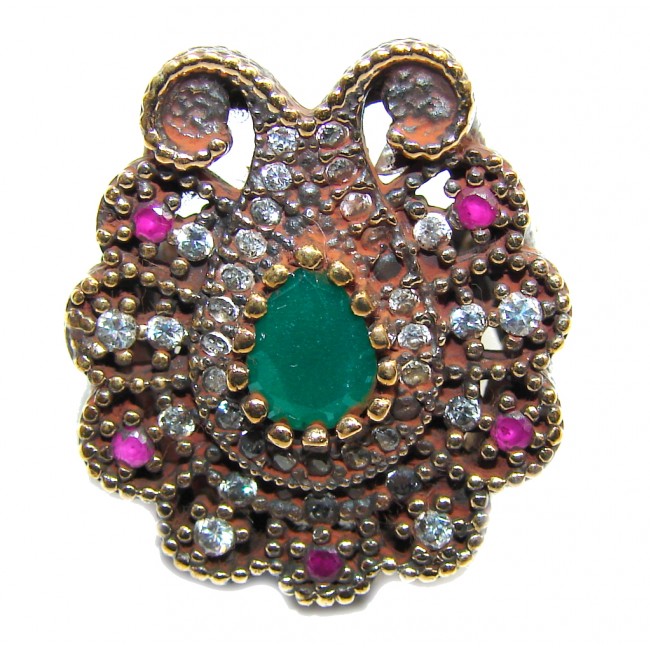 Victorian Style! Green Emerald & Ruby & White Topaz Sterling Silver Ring s. 5