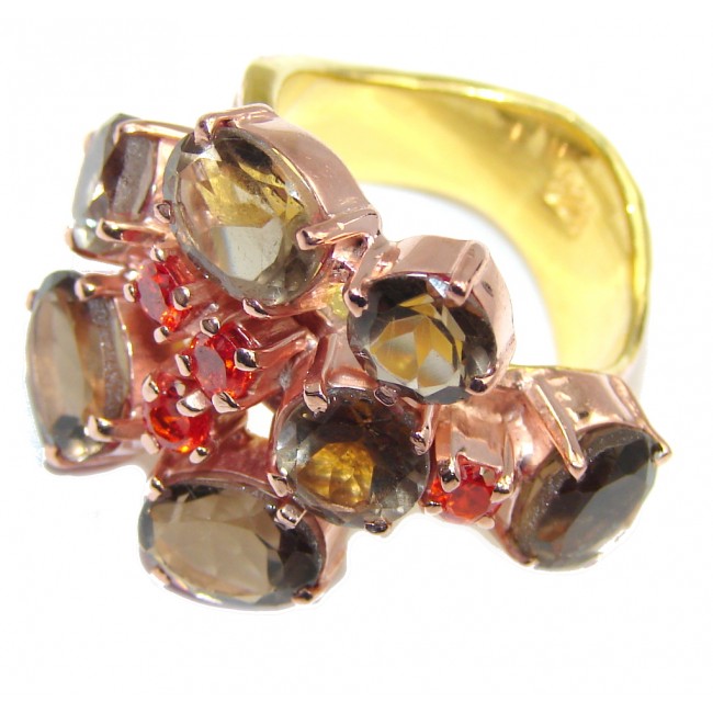 Perfect Brown Smoky Topaz & Garnet, Rose & Gold Plated Sterling Silver ring s. 8