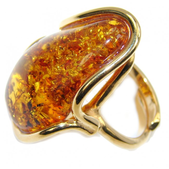 Genuine AAA Brown Polish Amber, Rose Gold Plated Sterling Silver Ring s. 8 - adjustable