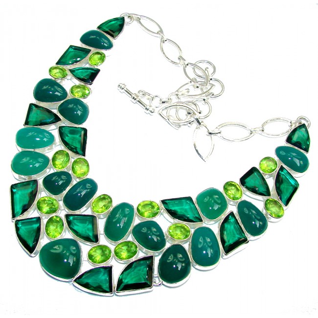 Exotic Green Island Agate & Created Emerald Sterling Silver necklace