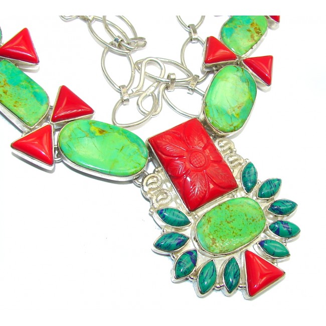 Secret Beauty Green Turquoise & Fossilized Coral Sterling Silver Necklace