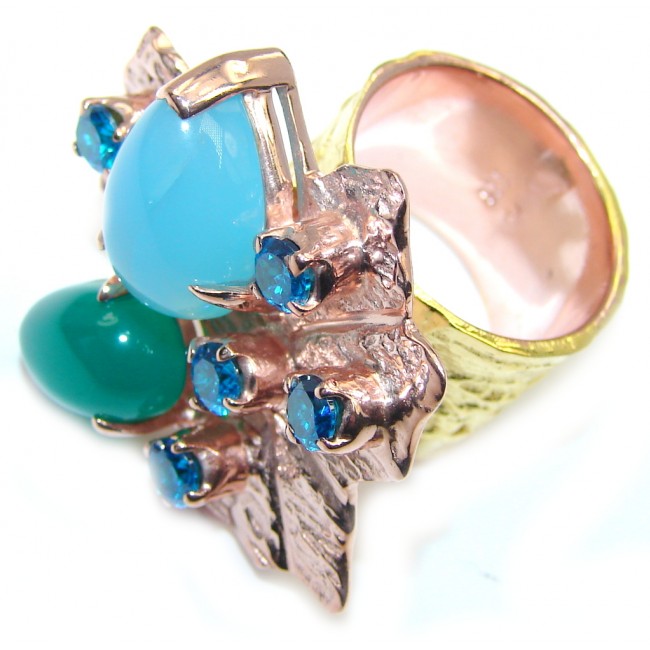 Beautiful Style! Green - Blue Agate, Rose & Gold Plated Sterling Silver Ring s. 6