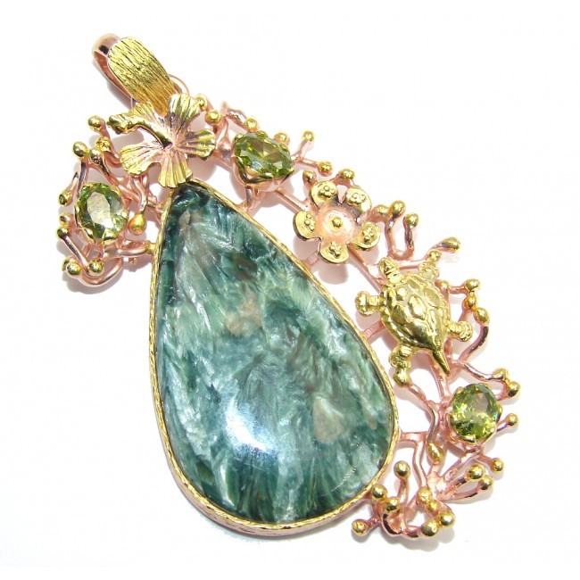 Perfect AAA Green Seraphinite & Peridot Gold Plated Sterling Silver Pendant