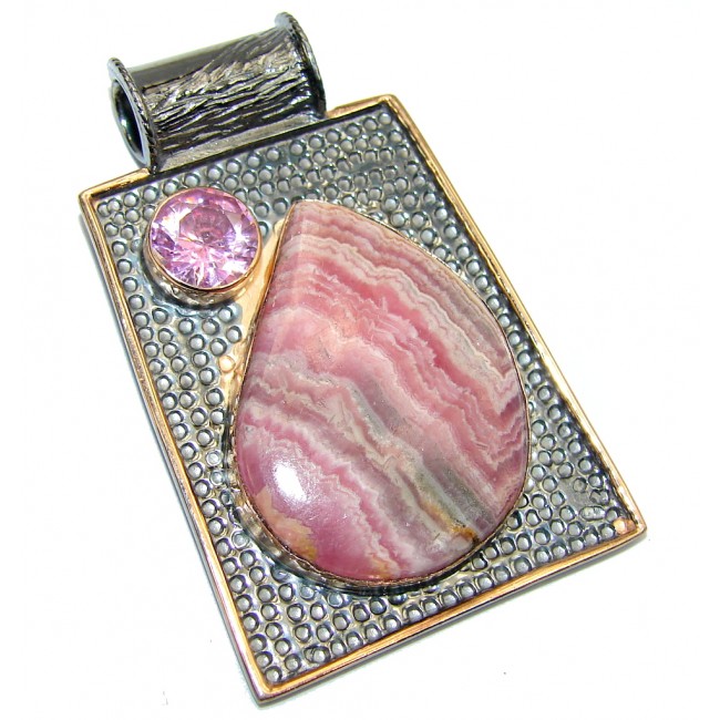 Stylish Pink Rhodochrosite Gold Rhodium plated Sterling Silver Pendant
