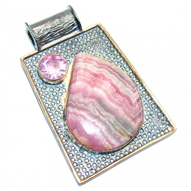 Stylish Pink Rhodochrosite Gold Rhodium plated Sterling Silver Pendant