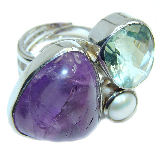 Big! Amazing Green & Purple Amethyst Sterling Silver Ring s. 6 - adjustable