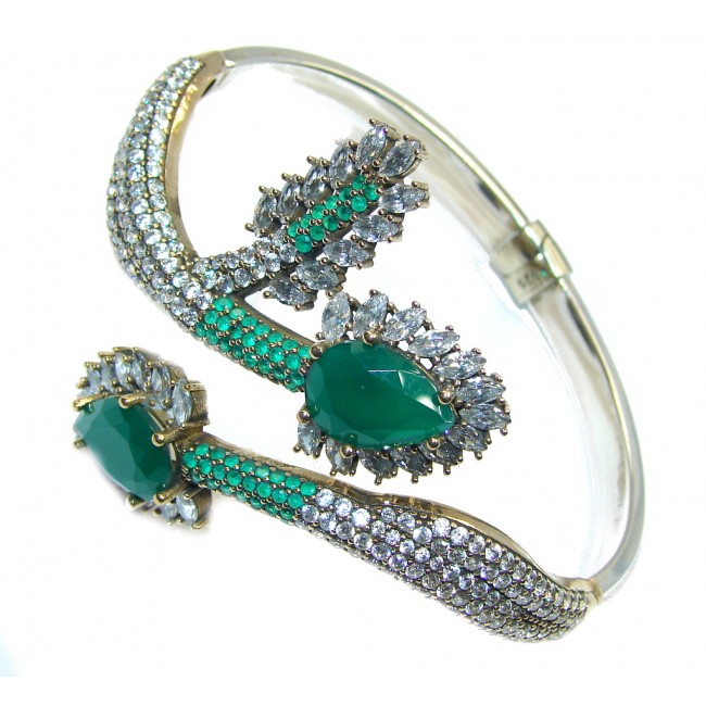 Victorian Style! Green Emerald Quartz & White Topaz Sterling Silver Bracelet / Cuff