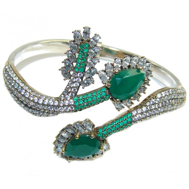 Victorian Style! Green Emerald Quartz & White Topaz Sterling Silver Bracelet / Cuff