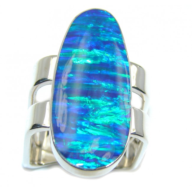 Big! Perfect Blue Fire Japanese Opal Sterling Silver ring s. 7 1/4