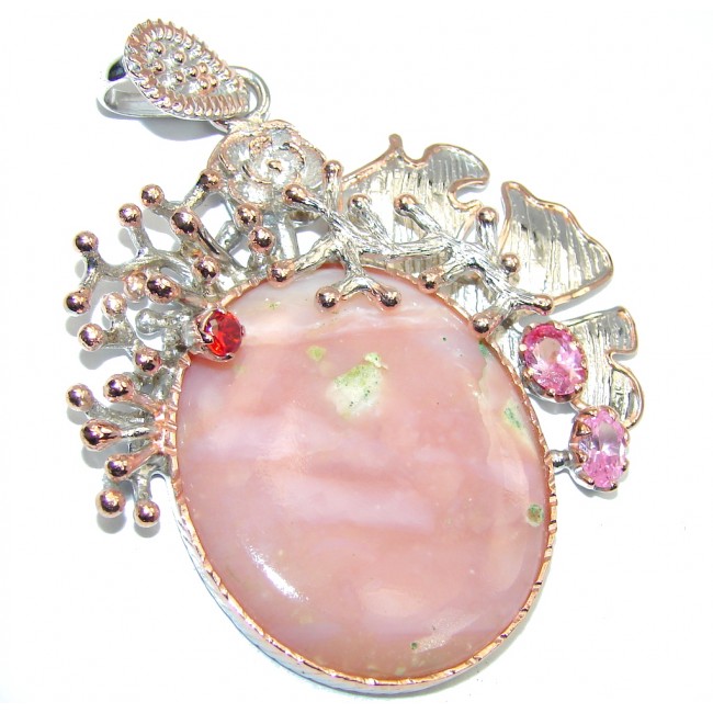 Big! Pink Perfection AAA Pink Opal, Two Tones Sterling Silver Pendant