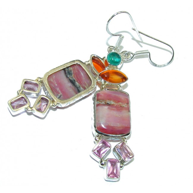 Fabulous Pink Rhodochrosite & Multicolor Quartz Sterling Silver earrings