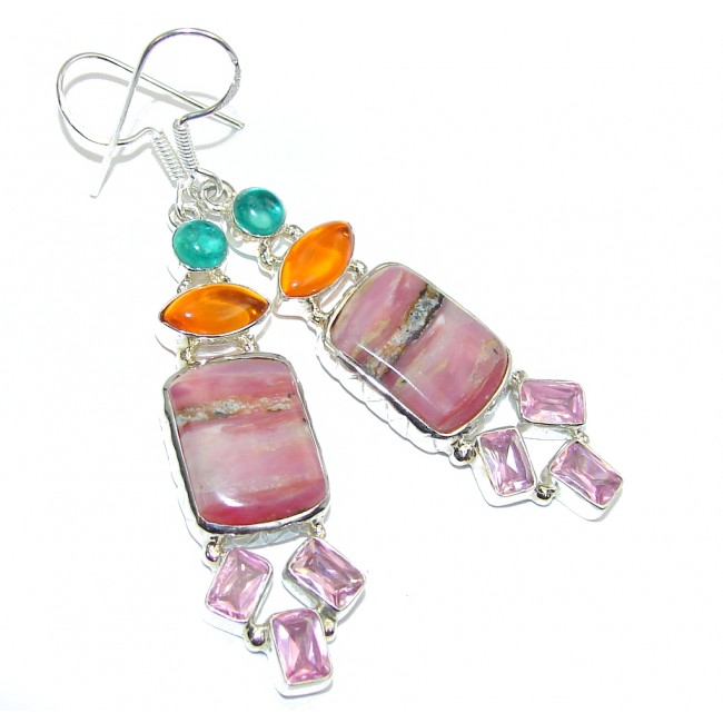 Fabulous Pink Rhodochrosite & Multicolor Quartz Sterling Silver earrings