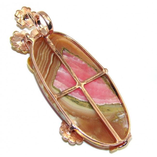 Big! Stunning AAA Pink Rhodochrosite, Two Tones Sterling Silver Pendant