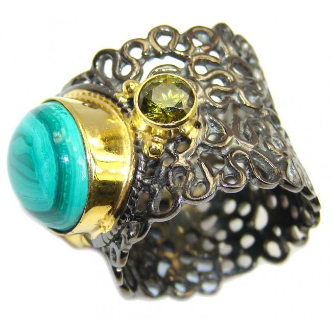 Beautiful Green Malachite, Gold Plated, Rhodium Plated Sterling Silver ring s. 7