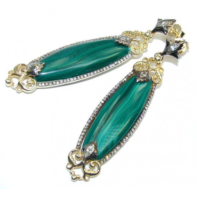 New Amazing Design AAA Green Malachite, Two Tones Sterling Silver earrings / Long