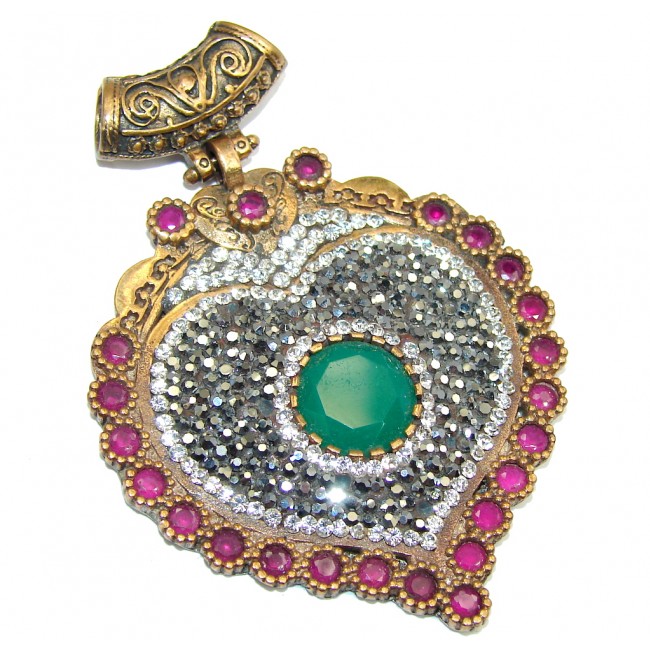 Big! Victorian Style Emerald & Ruby & White Topaz Sterling Silver Pendant