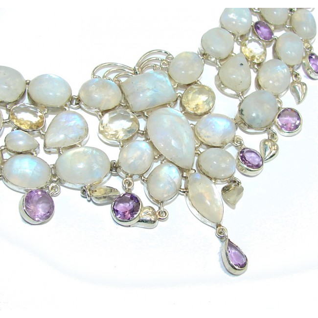 Heavenly Love! AAA White Fire Moonstone & Citrine & Amethyst Sterling Silver necklace