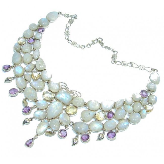 Heavenly Love! AAA White Fire Moonstone & Citrine & Amethyst Sterling Silver necklace