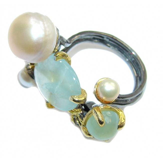 Genuine Green Moss Prehnite & Fresh Water Pearl, Gold Plated, Rhodium Plated Sterling Silver ring; s. 9