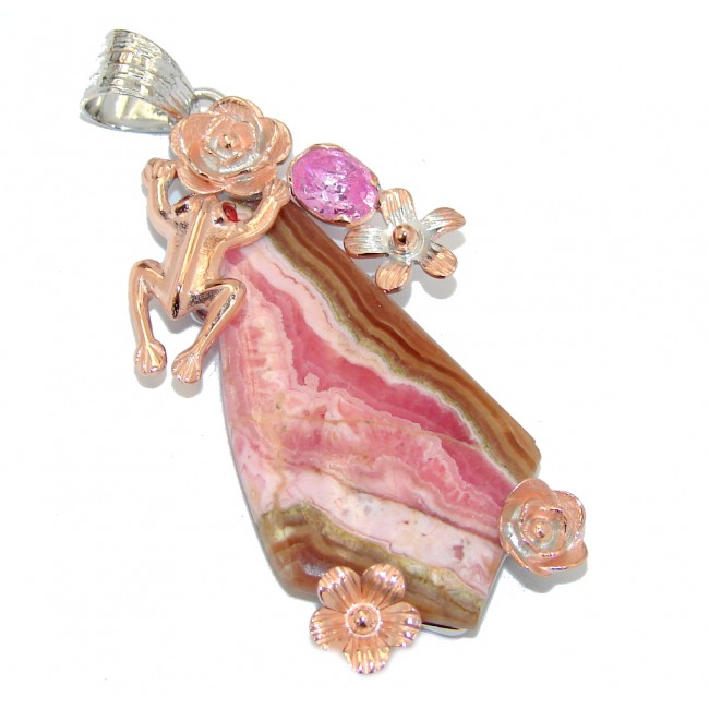 Golden Frog AAA Pink Rhodochrosite, Rose Gold Plated Sterling Silver Pendant