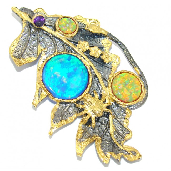 Magic Leaf! AAA Japanese Fire Opal, Gold Plated, Rhodium Plated Sterling Silver Pendant